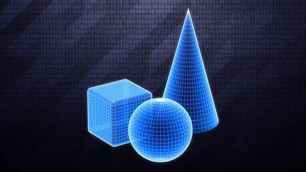 Тривимірні Геометричні Примітиви Ізольовані Темному Високотехнологічному Тлі Двійковому Кіберпросторі Ілюстрація — стокове фото