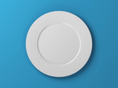 Boş plaka mavi arka planda izole edildi. 3B Görüntü.