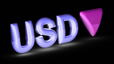 Siyah arka planda dolar işareti. İndeks düştü. 3B Görüntü.