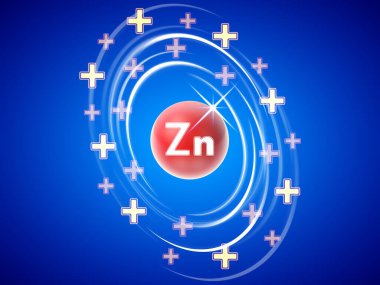Mavi arkaplanda çinko simgesi. 3B illüstrasyon.