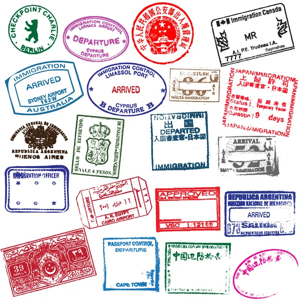 Divers timbres de visa de passeports du monde entier voyageant . — Image vectorielle