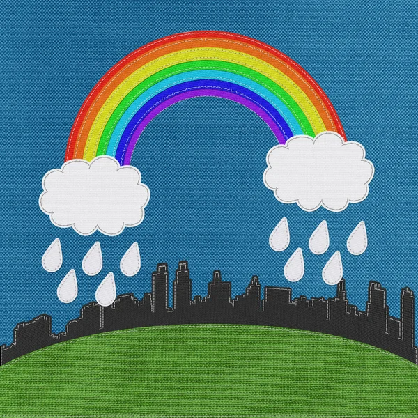 Regenbogen und Landschaft im Stich-Stil auf Stoffhintergrund — Stockfoto