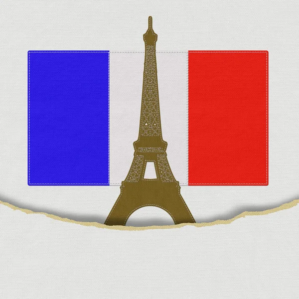 Torre Eiffel, París. Francia en estilo de puntada sobre fondo de tela —  Fotos de Stock