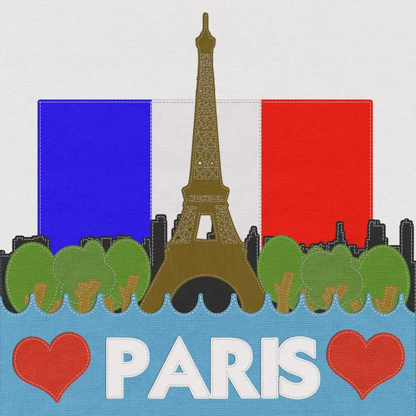 Эйфелева башня, Париж. Франция в стиле стежка на тканевом фоне — стоковое фото