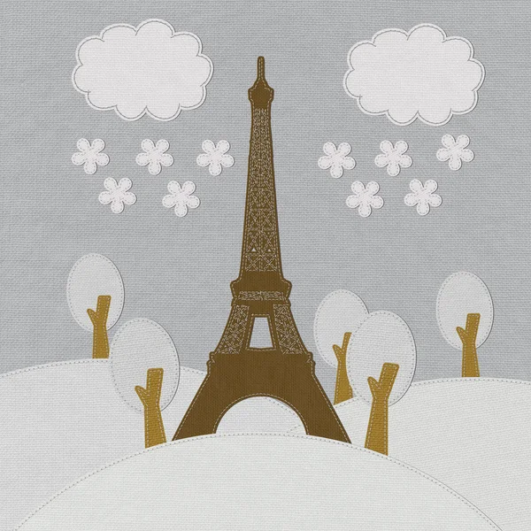 Eiffel landscape with stitch style on fabric background — Stock Photo, Image