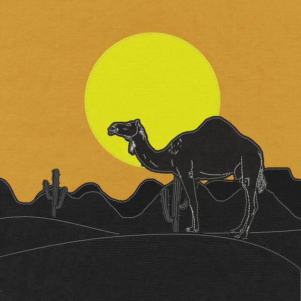 Lone kameel in het woestijnzand met steek stijl op stof backgr — Stockfoto