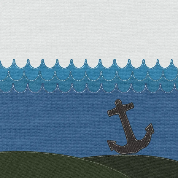 Anchor under the ocean with stitch style on fabric background — Stock Photo, Image
