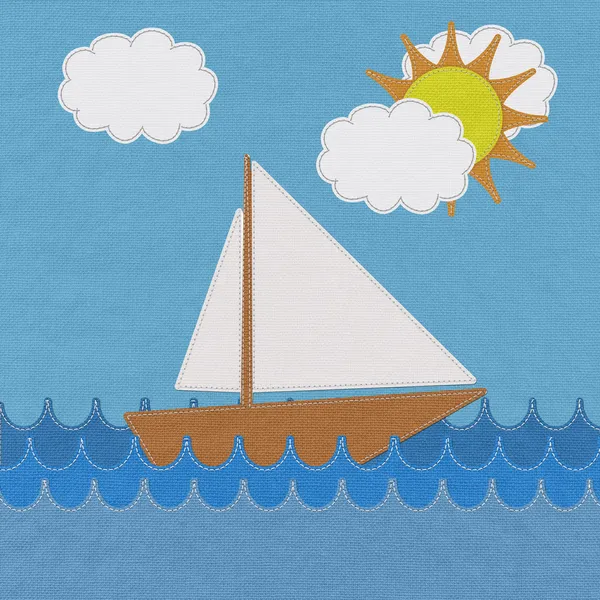 Boot im Meer mit Stich-Stil auf Stoffhintergrund lizenzfreie Stockbilder