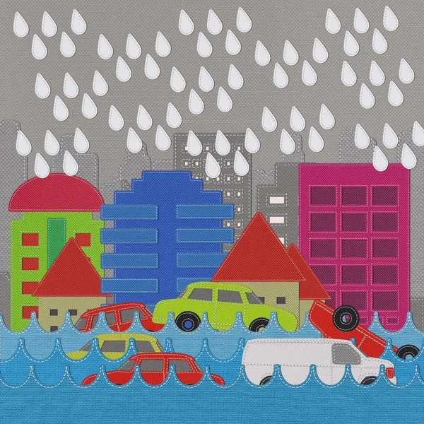 Morden Building and flooding crisis with stitch style on fabric — Stock Photo, Image