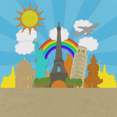 dünya seyahat konsepti ile dikiş tarzı kumaş zemin 