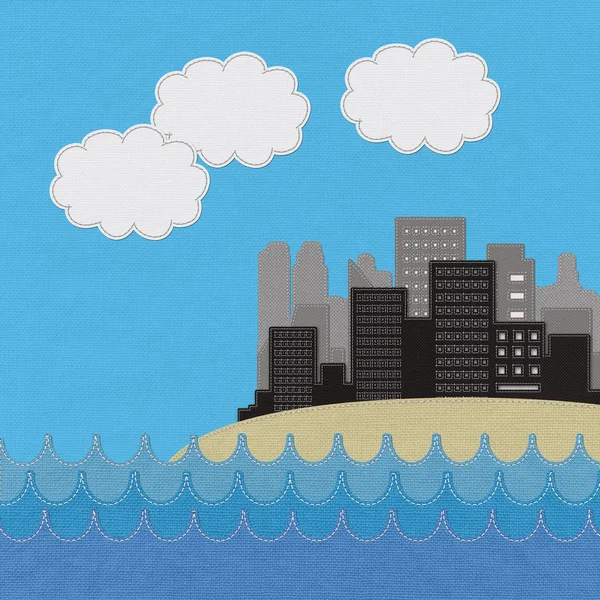 Sea scape ja kaupunki ommel tyyli kankaalla taustalla — kuvapankkivalokuva