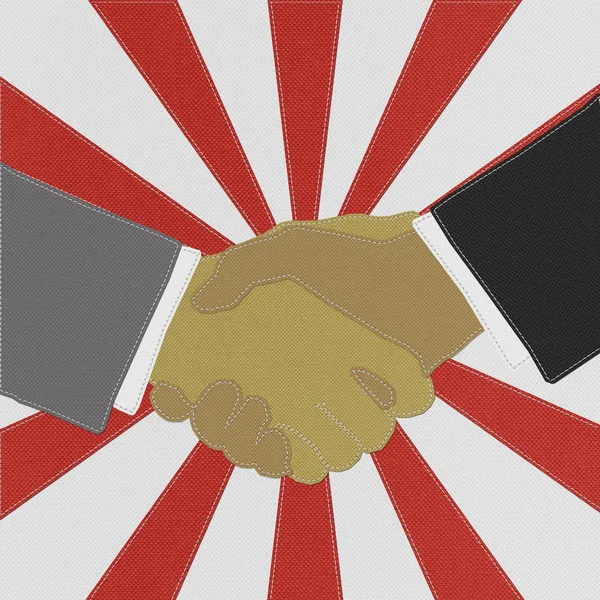 Businessmen shaking hands with stitch style on fabric background — Stock Photo, Image