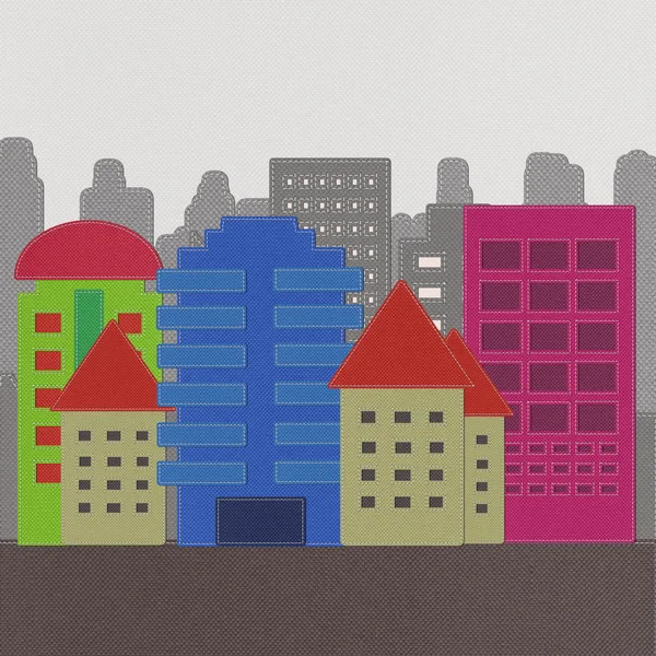 फैब्रिक पृष्ठभूमि पर सिलाई शैली के साथ मोर्डन बिल्डिंग — स्टॉक फ़ोटो, इमेज