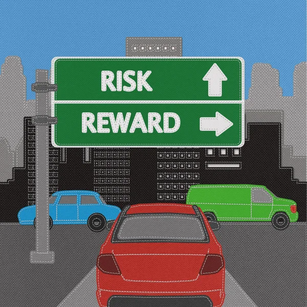 Risk and reward highway sign concept with stitch style on fabric — Stock Photo, Image