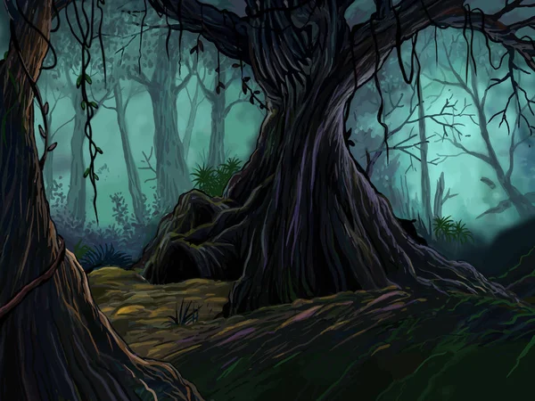 Τρομακτικό Σκηνικό Στο Στοιχειωμένο Δάσος Λεπτομερές Χρώμα Της Ψηφιακής Ζωγραφικής — Διανυσματικό Αρχείο