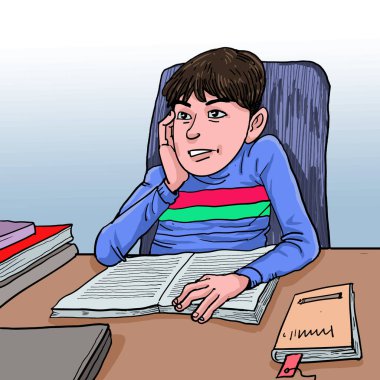 Bir çocuk çalışma masasında bir şeyler düşünüyor..