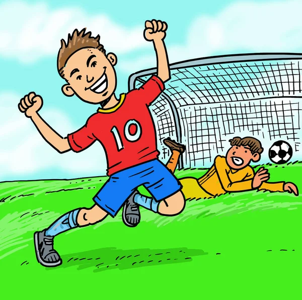 Dans Bande Dessinée Gamin Joueur Football Marqué — Image vectorielle