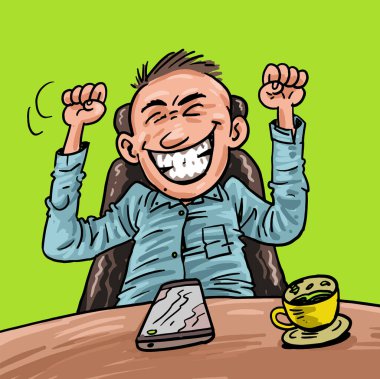 Başarılı ve mutlu bir ifade sergileyen bir adamın karikatürü.