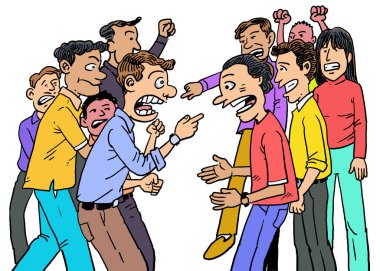 İki grup öfkeli adam birbirlerine bağırdılar..