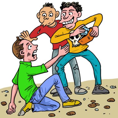 Kötü çocuk çocuğa zorbalık yapıyor. Cüzdanını kapıp içindeki tüm parayı alıyorlar..