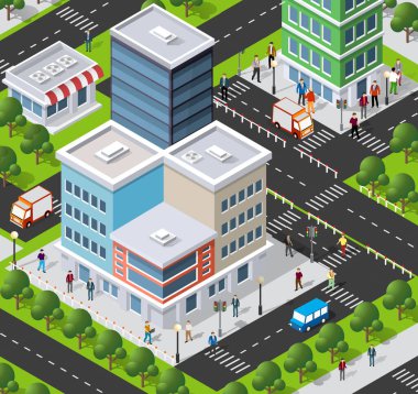Bir şehrin yaşam tarzı kentsel Isometric 3D illüstrasyonu