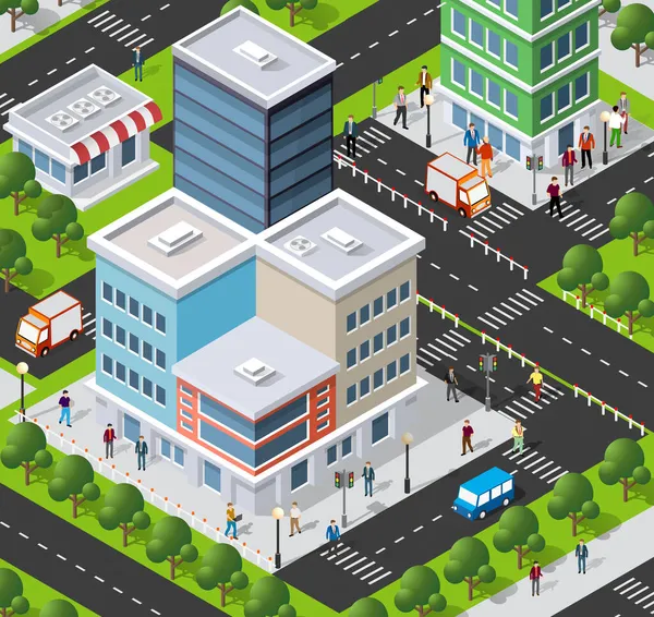 Lifestyle scene urban Isometric 3D illustration of a city — Stock Vector