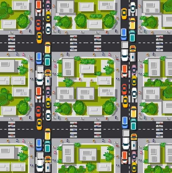 高速道路と道路のトップビュー多くの異なる車両. — ストックベクタ