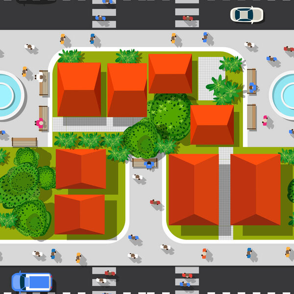 Road top view seamless highways many different vehicles.