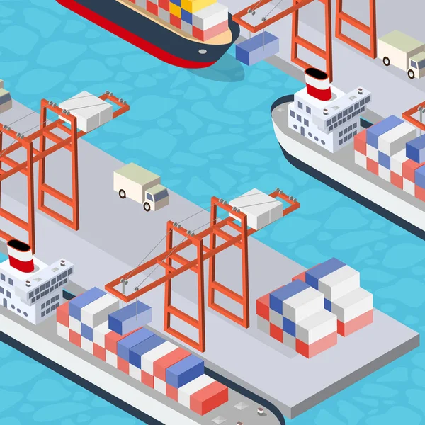 Izometrikus városi ipari kikötő szállítóhajóval és haditengerészeti hajókkal — Stock Vector