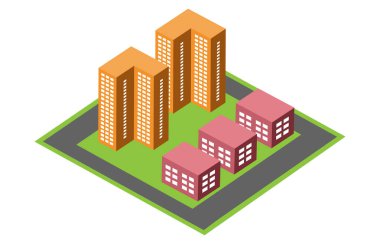 Modern şehrin vektör izometrik kentsel mimari blok binası