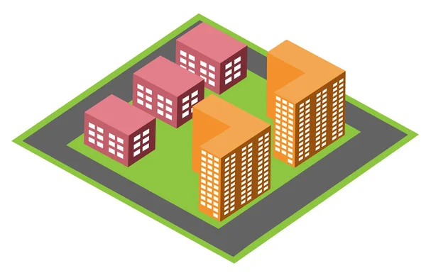 Vektor isometrisk urban arkitektur kvartersbyggnad i den moderna staden — Stock vektor