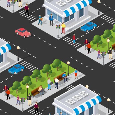 Isometric Caddesi kesişen yollarının şehir merkezinin 3 boyutlu illüstrasyonları