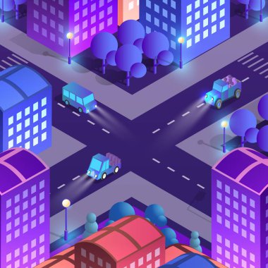 Gece şehir insanları arka planda 3 boyutlu illüstrasyon neon morötesi