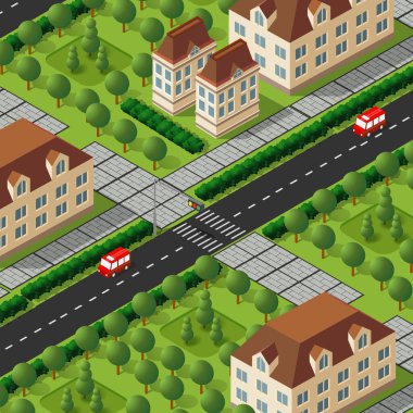 Şehrin Isometric retro 3D kentsel inşaatı