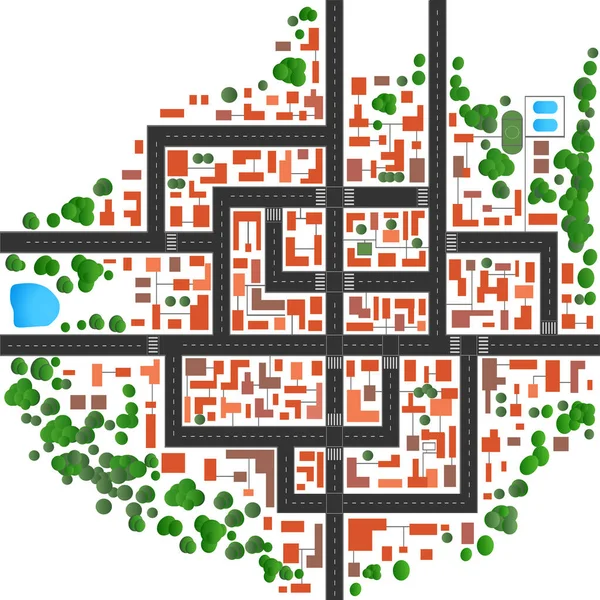 Het bovenste uitzicht van boven is een kaart van de stad — Stockvector