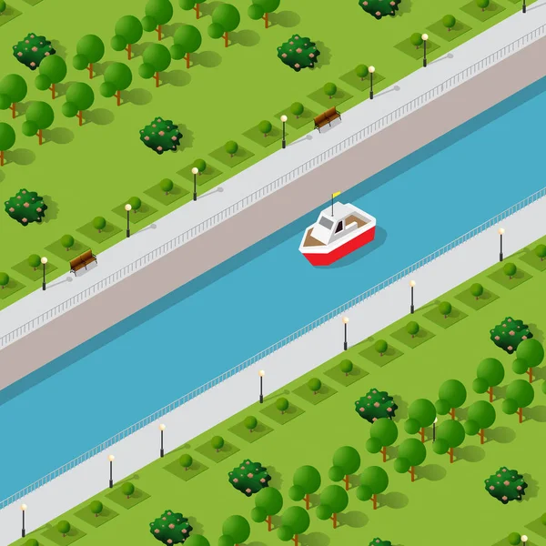 Isometric ville moderne moderne avec remblai de rivière d'eau — Image vectorielle