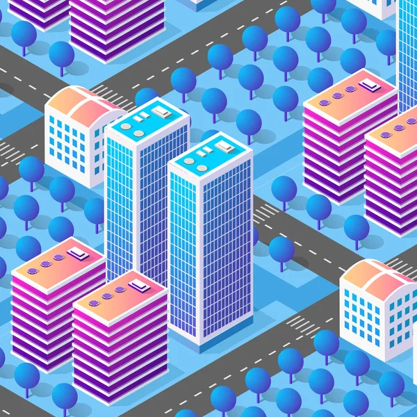 Isometrische violettblaue Ansicht der Stadt — Stockvektor
