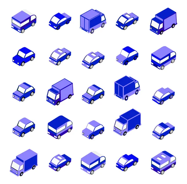 Véhicules isométriques d'autobiles, camions, fourgonnettes — Image vectorielle