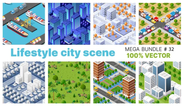 La scena lifestyle della città presenta illustrazioni su temi urbani con case, auto, persone, alberi e parchi. — Vettoriale Stock