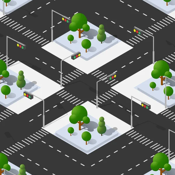 Isometriska gatukorsningen 3D illustration av staden kvartalet med gator — Stock vektor