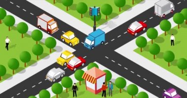 Isometric Crossroads City Animasyon caddelerinin kesiştiği yerde trafik arabaları sıkışık duruyor. Otomobiller grafik görüntülerini taşır