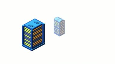 Kentsel altyapı izometrik binaların gece şehir animasyonu 3D illüstrasyon neon morötesi. Modern mimarinin grafiklerinin ikamet ettiği kasaba..