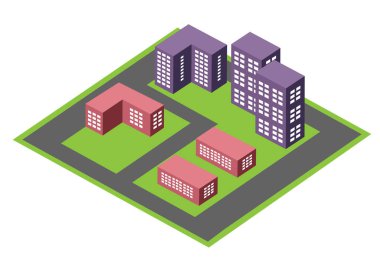 Modern şehrin vektör izometrik kentsel mimari blok binası