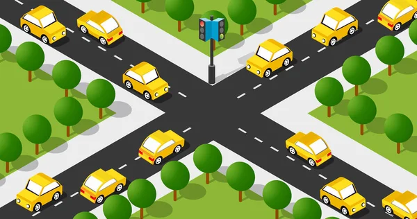 Isometric Street kruispunt 3D illustratie van de stad wijk met taxi 's — Stockvector