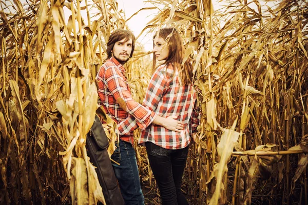 Молодая пара за сухой кукурузой — стоковое фото