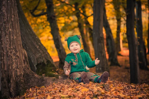 Gülen çocuk sonbahar orman — Stok fotoğraf