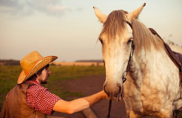 カウボーイと夕暮れ時の馬 — ストック写真