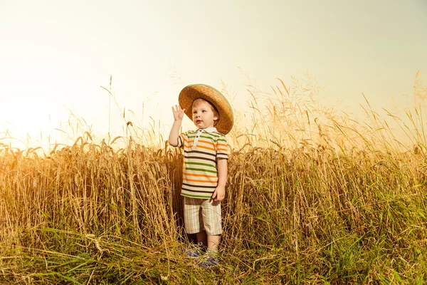 Kluk v klobouku na statku pole pšenice — Stock fotografie