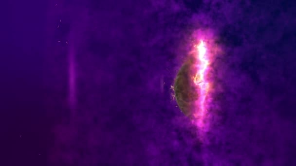 Motion of dark burning circle shape planet through portal at colorful violet space background — Stock Footage Motion Dark Burning Circle Shape Planet Portal Colorful Violet Space — Stock Video