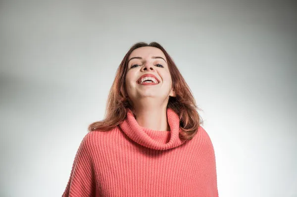 Young Laughing Woman Portrait Pink Sweater Studio Background — Stock Photo, Image